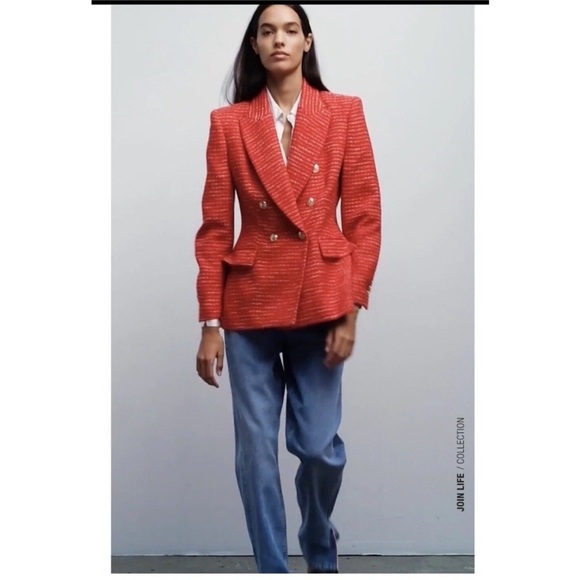 Zara Red White Textured Double Breasted Blazer Tweed Size L Holiday Preppy